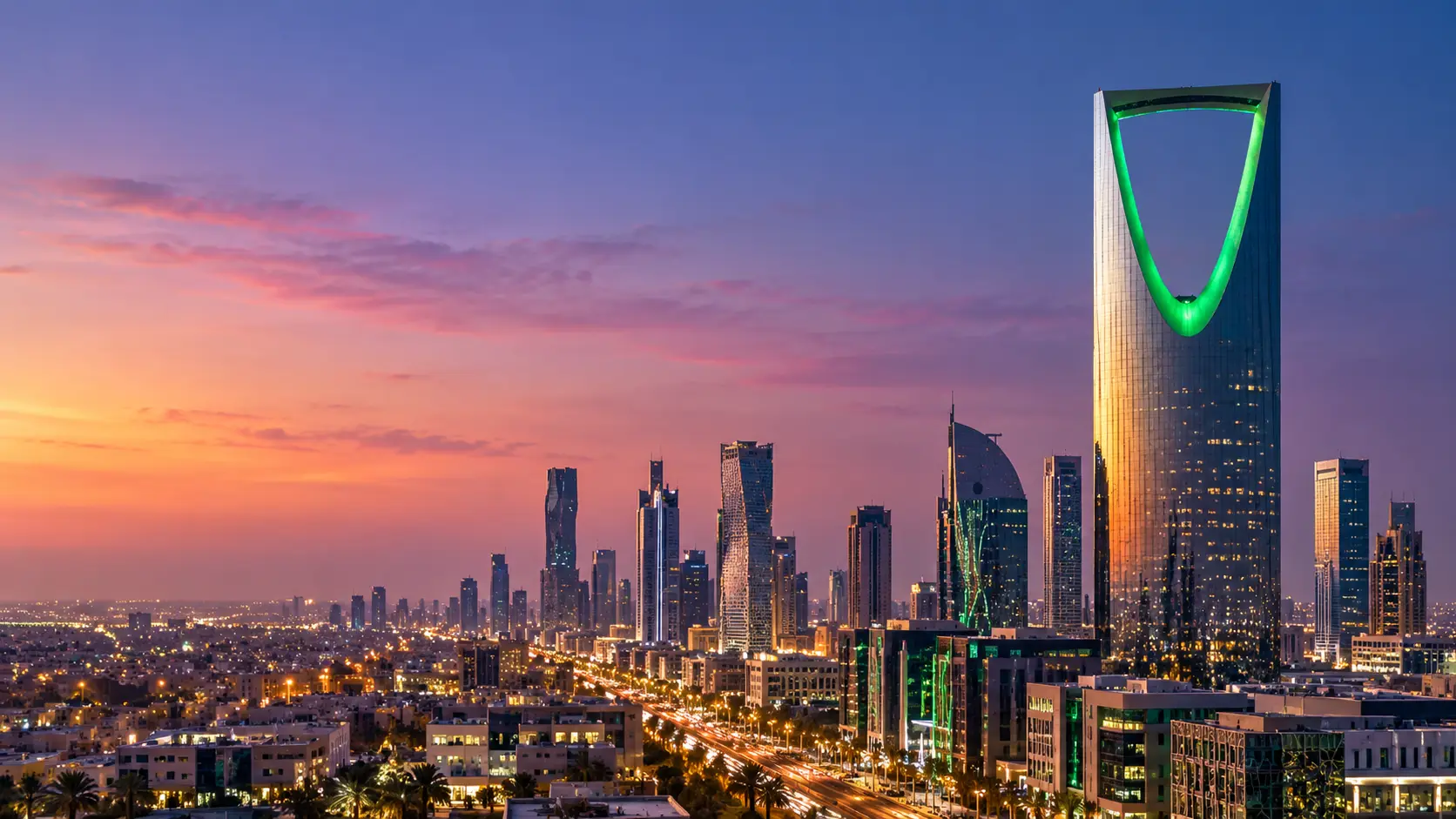 Riyadh skyline at dusk with Kingdom Centre