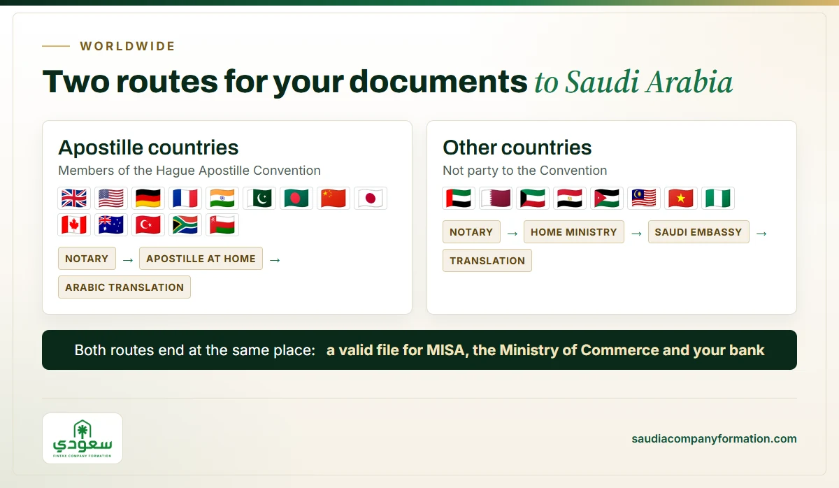 Infographic: how documents from apostille and non-apostille countries are made valid for Saudi Arabia
