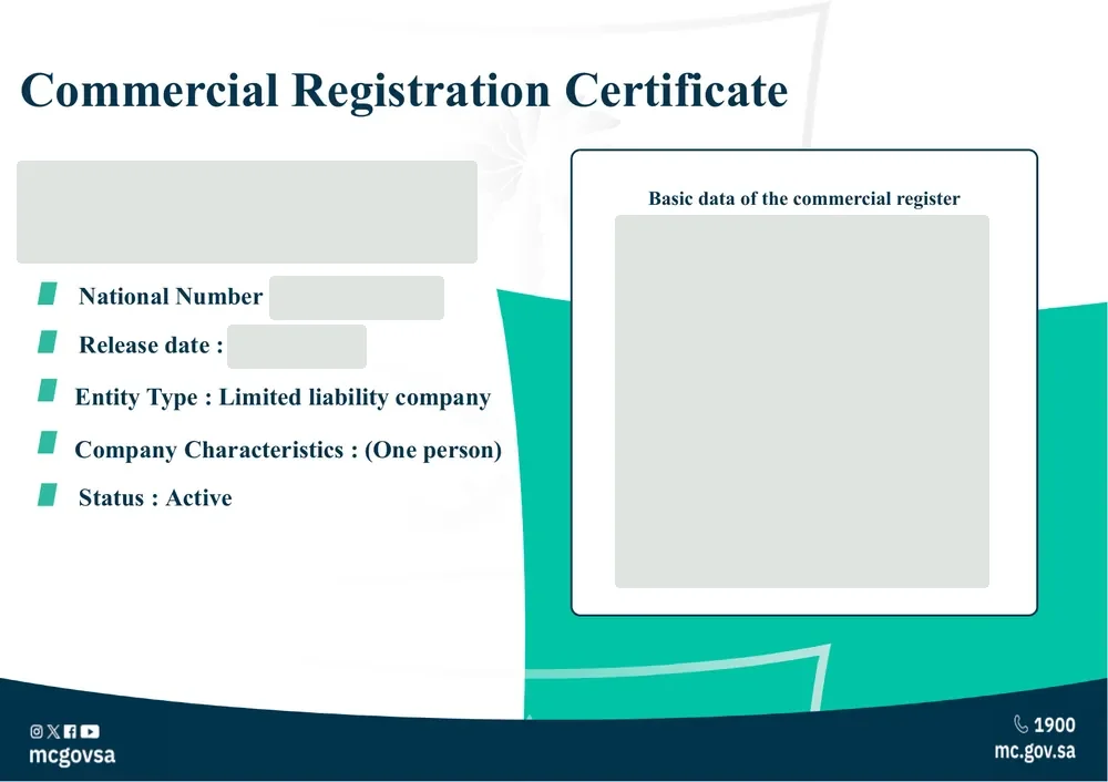 Saudi Commercial Registration certificate for a foreign-owned company, client details redacted