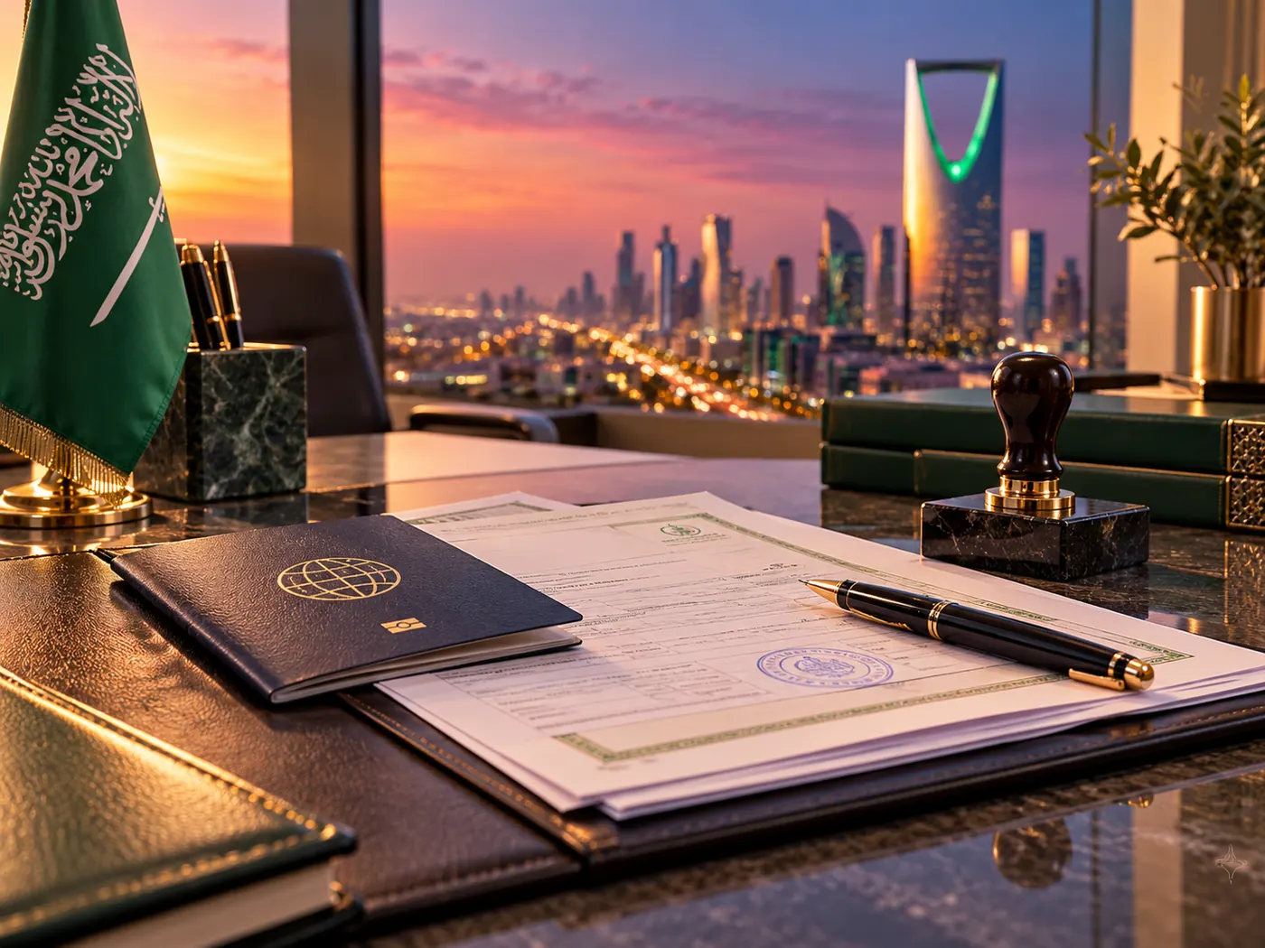 Passport and company documents on a desk overlooking Riyadh